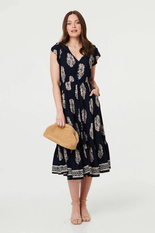 Navy | Printed Shirred Cap Sleeve Midi Dress