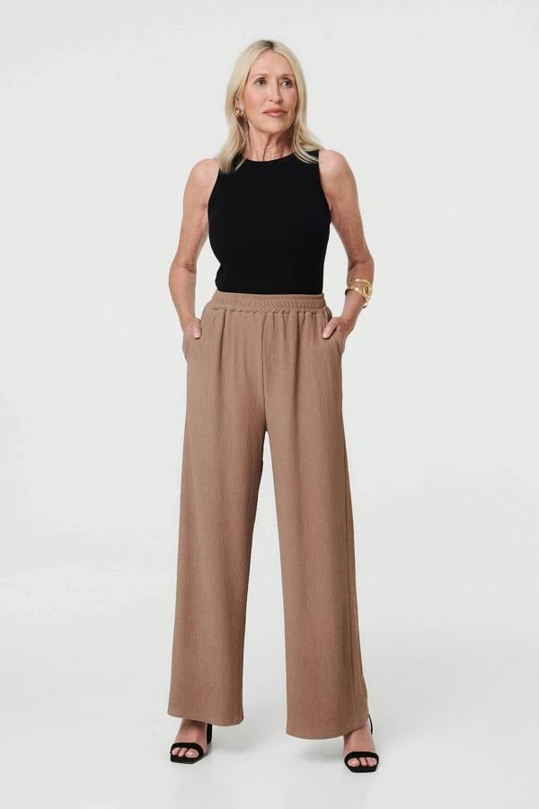 Beige | Textured High Waist Wide Crop Trousers