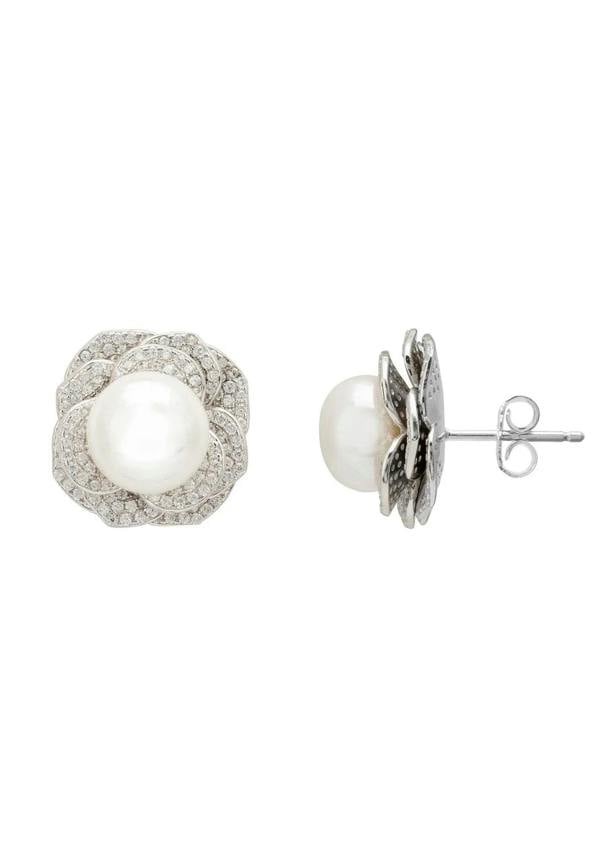 Pearl And Rose Petals Stud Earrings Silver - LATELITA Earrings