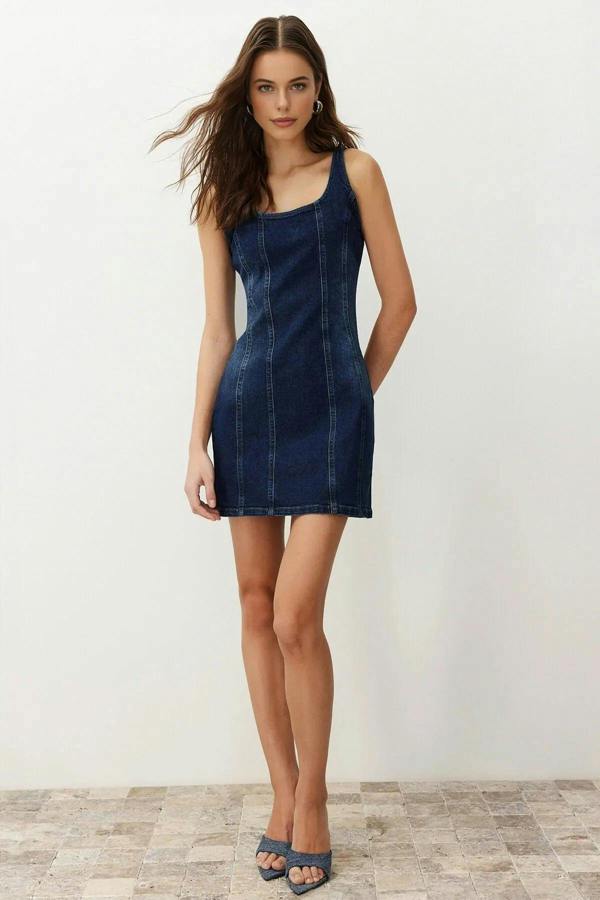 WOVCOR Stitching Detail Fitted Mini Stretch Denim Dress