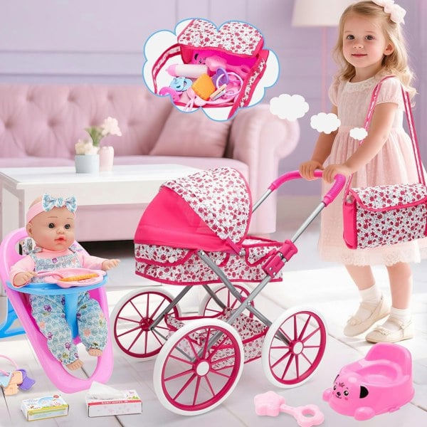 deAO Toys Deluxe Baby Doll Pram Playset – 18PCS Role-Play Set with Stroller, Feeding Chair, Accessories & Realistic Doll for Kids 3+