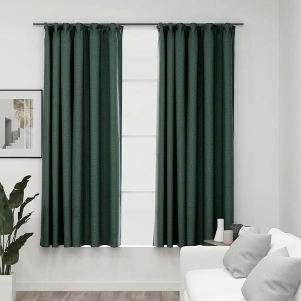 Berkfield Linen-Look Blackout Curtains with Hooks 2 pcs Green 140x175 cm