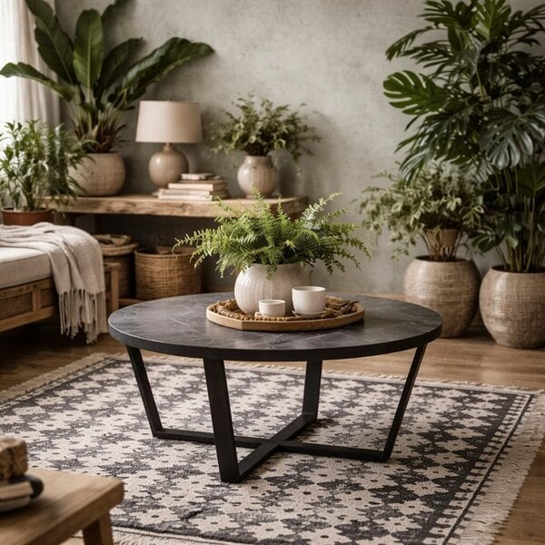 Wyld Haus Stovring Black Marble Effect Round Coffee Table Black Legs