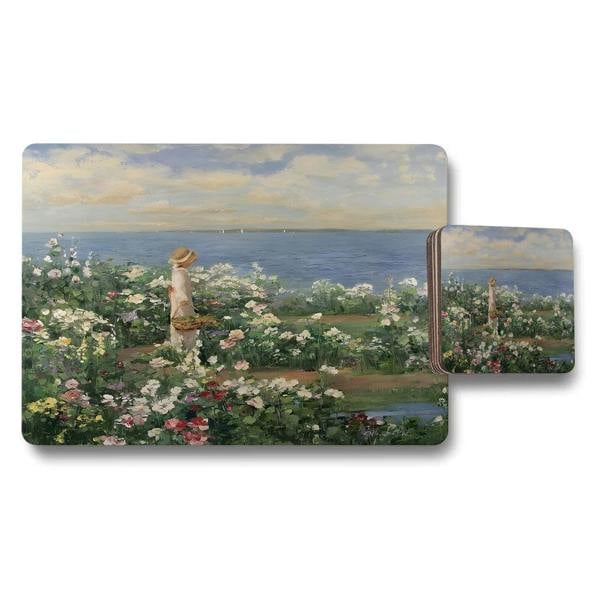 Benjamin Tate Design Impressionist Seaside Garden Placemat And Coaster Set With Floral Artwork