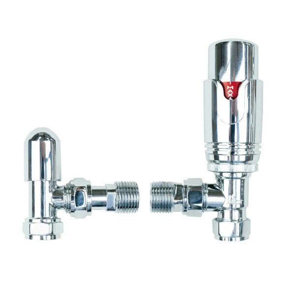 Chrome thermostatic radiator valves featuring a sleek design, shiny finish, and adjustable temperature control for efficient heating