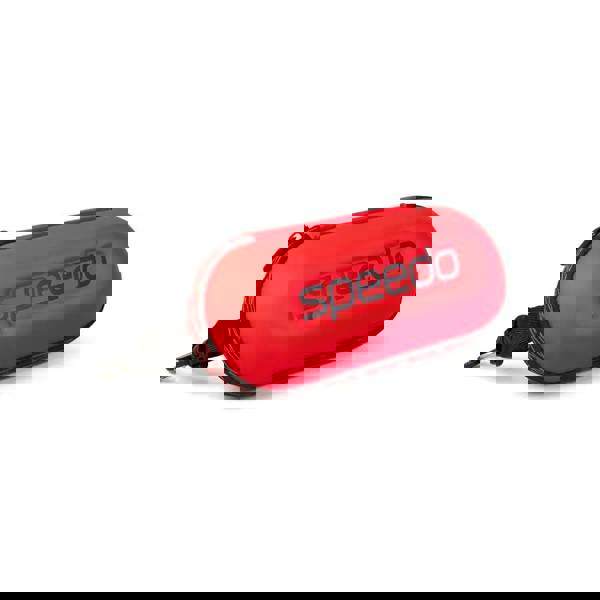 Red Speedo goggle storage case with black zipper and logo