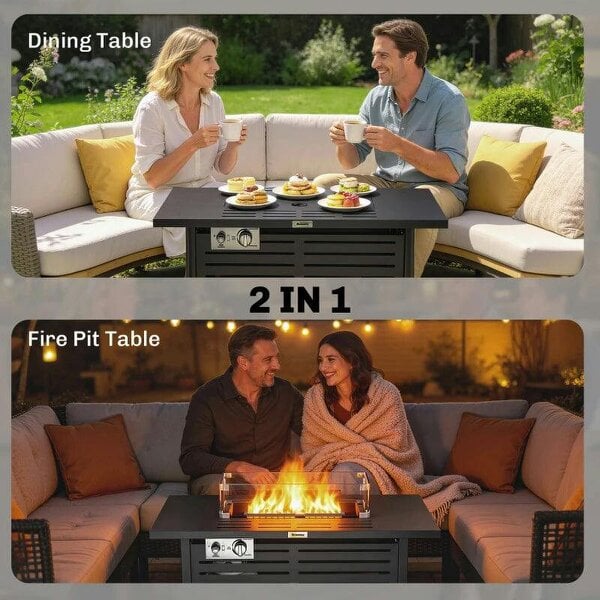 Bobobiy Propane Gas Fire Pit Table, Outdoor Firepit with 43" Steel Tabletop and Lid, 000 BTU Pulse Ignition Fire Table with Stainless Steel Burner