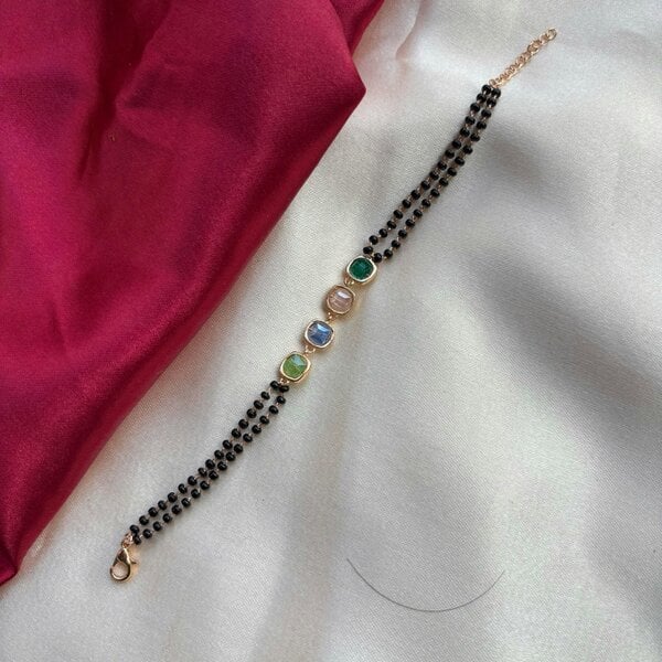 The Colourful Aura Minimalistic Black Beaded Multicolour Stone Slim Mangalsutra bracelet