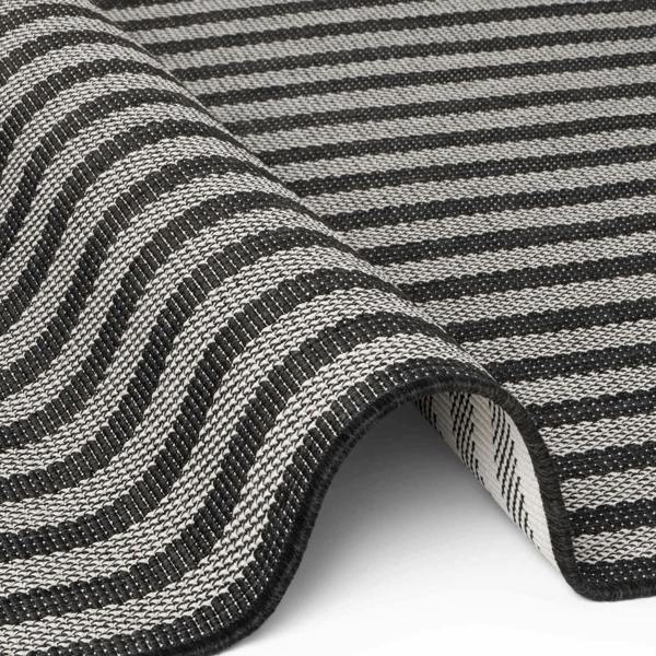Close-up of a black and white striped fabric with a wavy pattern.