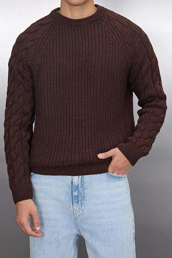 WOVCOR Regular Fit Woolen Crew Neck Knit Men's Sweater with Hair Knitting Detail
