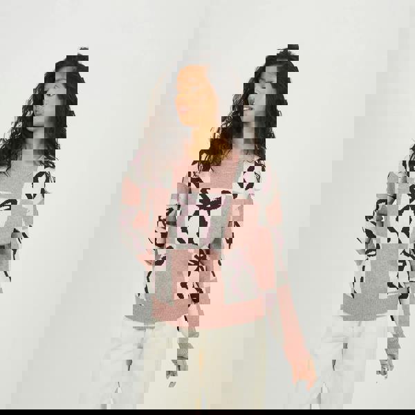 Brave Soul Pink Bow Jacquard Knit Jumper - Pink Image 1