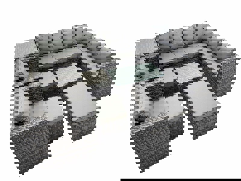 Fimous Patio Sofa Oblong Coffee Table Set Rattan Garden Furniture Set with 2 Chairs 3 Stools Side Table Dark Grey Mixed