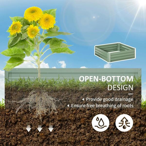 Green raised garden bed planter box shown with soil profile and drainage arrows