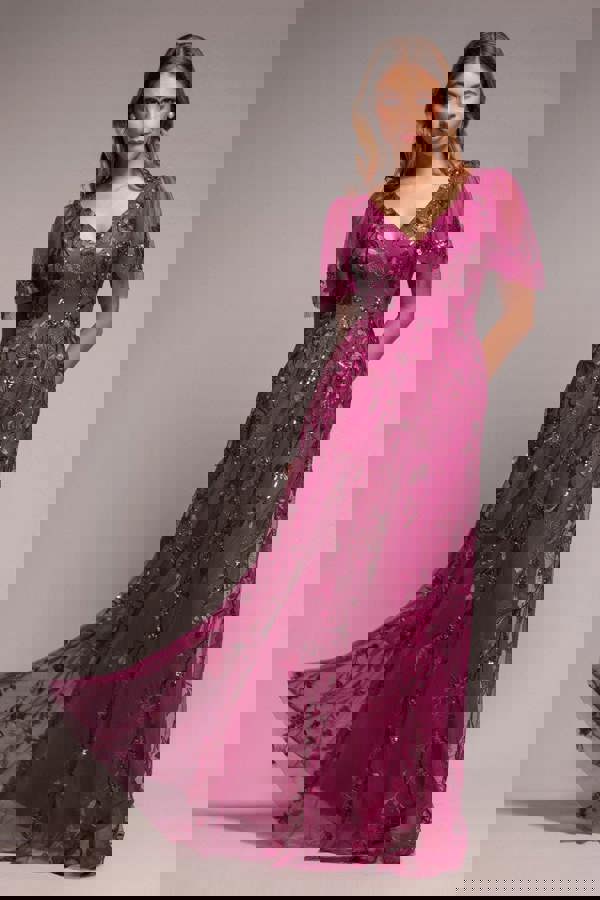 Flared Sleeve Embroidered Maxi Dress - Magenta DR3279A