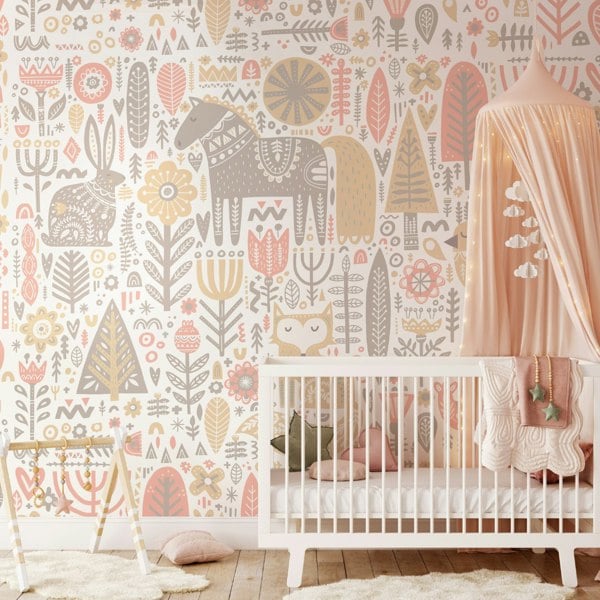 Origin Murals Scandi Forest Animals Wall Mural - Pink