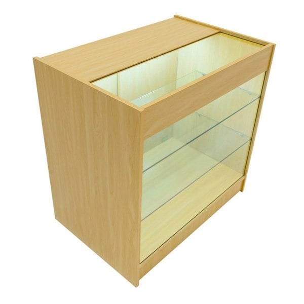 LED retail shop counter K900 in maple finish, featuring a glass display top and shelves, ideal for showcasing products elegantly