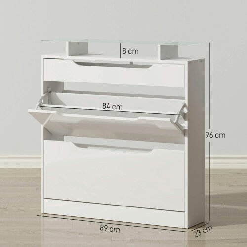 Wyld Haus Masola Wooden White Shoe Cabinet With Sliding Drawer 2 Flip Doors And Glass Top
