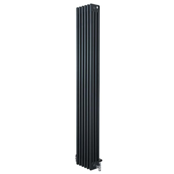 Traditional anthracite grey 4 column radiator, 1800 x 290mm, featuring a sleek vertical design and polished valves for modern interiors