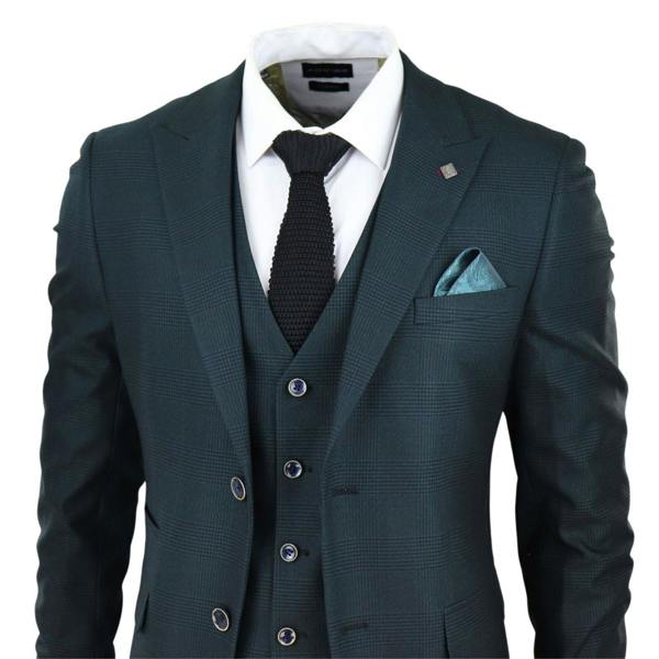 Paul Andrew Mens Olive Green 3 Piece Check Tailored Fit Suit