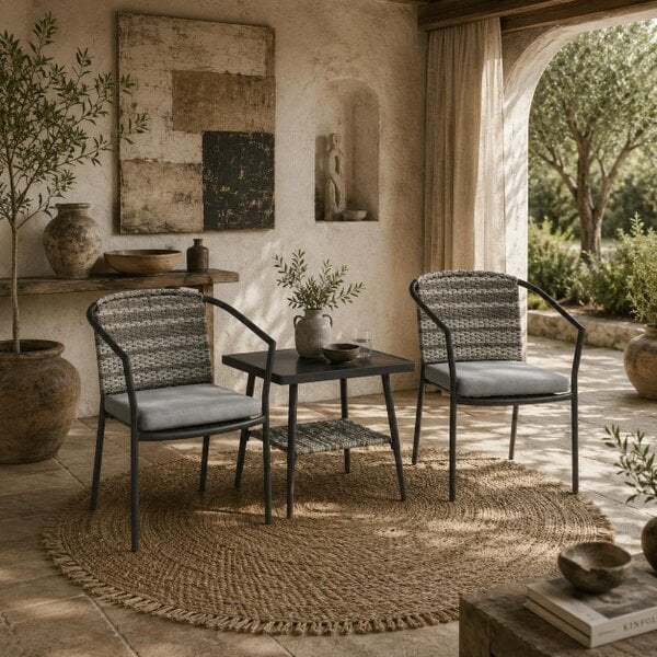 Wyld Haus Midi Grey Rattan 3 Piece Bistro Set With Cushions And Glass Coffee Table