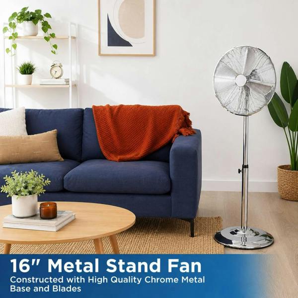 Dyzi 16 Inch Metal Stand Fan 3 Speed 90° Oscillating Silver