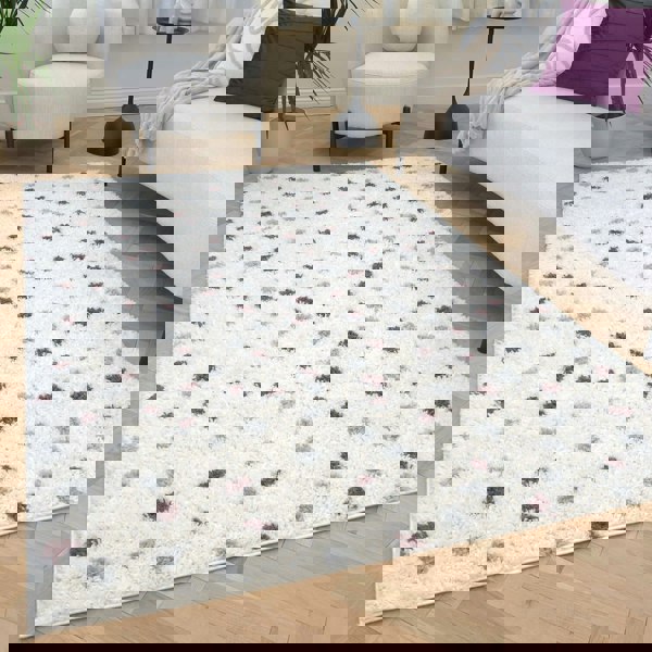 Moodi Shaggy Grey/Purple Rug, dots design, underfloor heating rug | THE RUGS