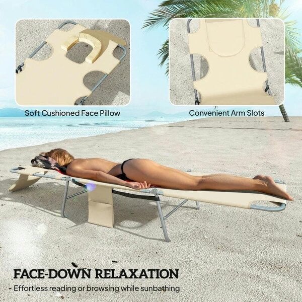 Bobobiy 5-Position Adjustable Sun Loungers Set of 2 with Reading Hole and Side Pocket, Beige