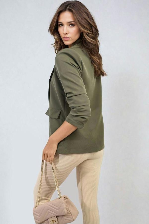 Valerie Ruched Sleeve Open Front Blazer Jacket With Front Pockets - Khaki