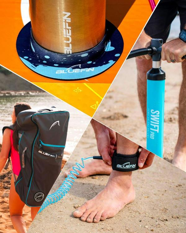 Collage of Bluefin inflatable sup products including a backpack, pump, and fins on a beach setting