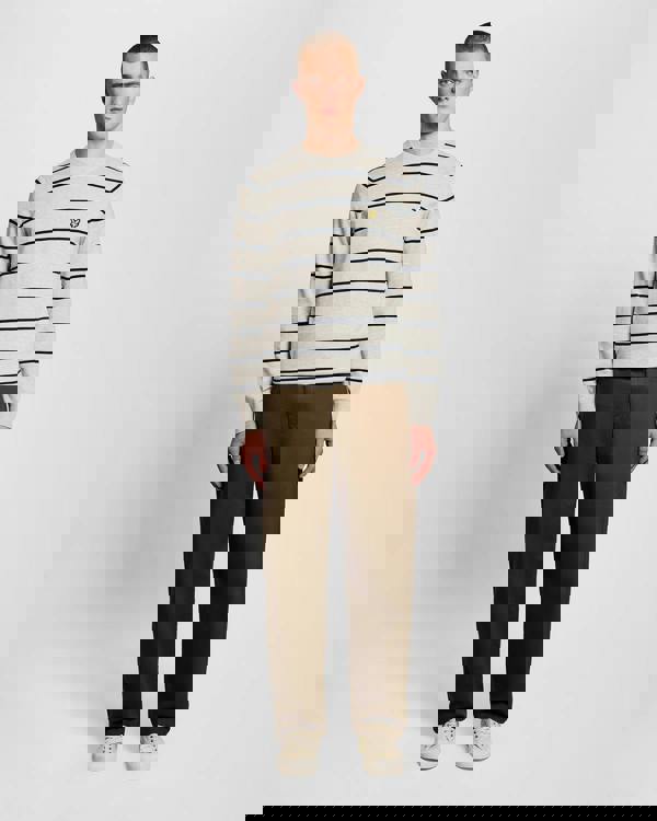 Lyle & Scott Cotton Striped Mens Crew Neck Jumper - D24 Light Grey Marl