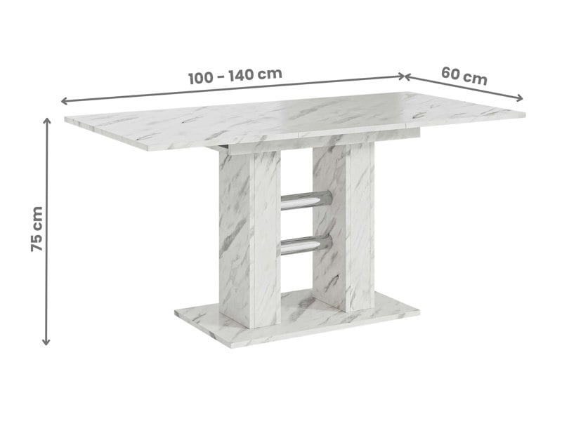 WILD MINI extending dining table shown in closed position with White Bianco Marble Effect surface and central pedestal base