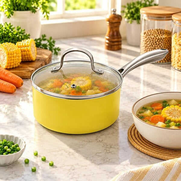 Gr8 Home 12 Pcs Ceramic Non Stick Induction Cookware Set Yellow Pots & Pans Lids Utensils