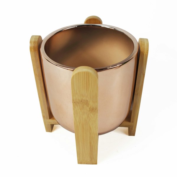 Leaf 16cm Gold Ceramic Planter with Bamboo Stand