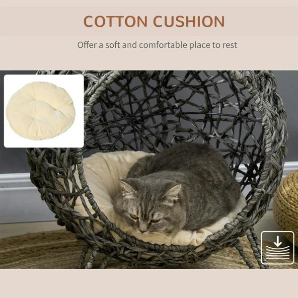 Grey cat bed basket house with cream cotton cushion and a kitten resting inside