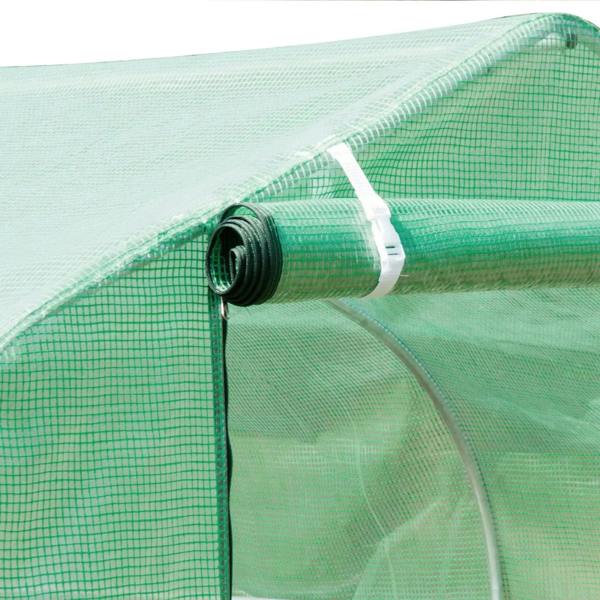 Green greenhouse curved frame with rolled mesh cover and corner tie detail