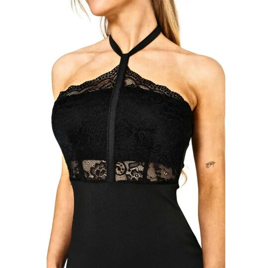 Elaina Fashion Women's Black Lace Halter Bodycon Mini Dress
