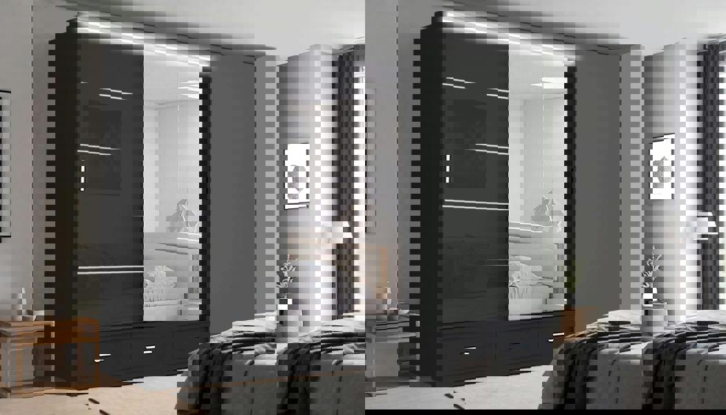 RAC3 Race to Road Stylish Bedroom Sliding Wardrobe with LED Light - Ample Storage Space and Sleek Design comes in White/Grey/Black & Width 205cm/256cm