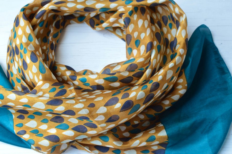 Antonia York Tiffany | Silk Chiffon Neck Scarf - Teal & Orange Raindrops