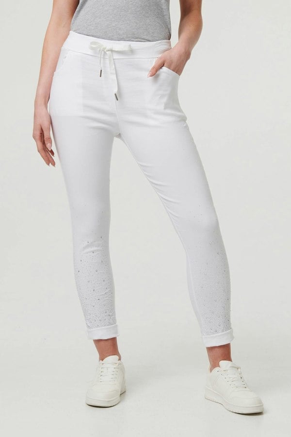 White | Diamante Detail Slim Cropped Trousers

