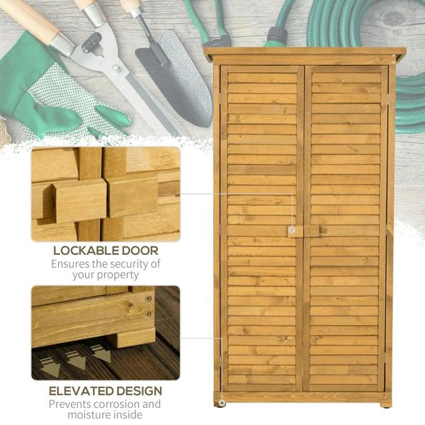 Wooden storage shed with double doors and elevated base, light wood