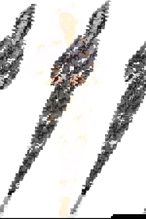 Camille Womens Supersoft Fleece Grey Horse Print All In One