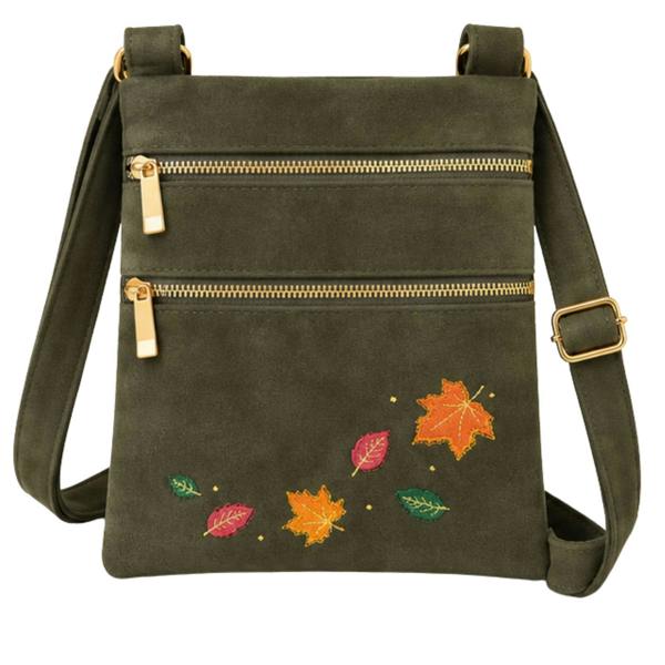 Fores Collection Faux Suede Crossbody Bag with Stitched Appliqué Leaf Design