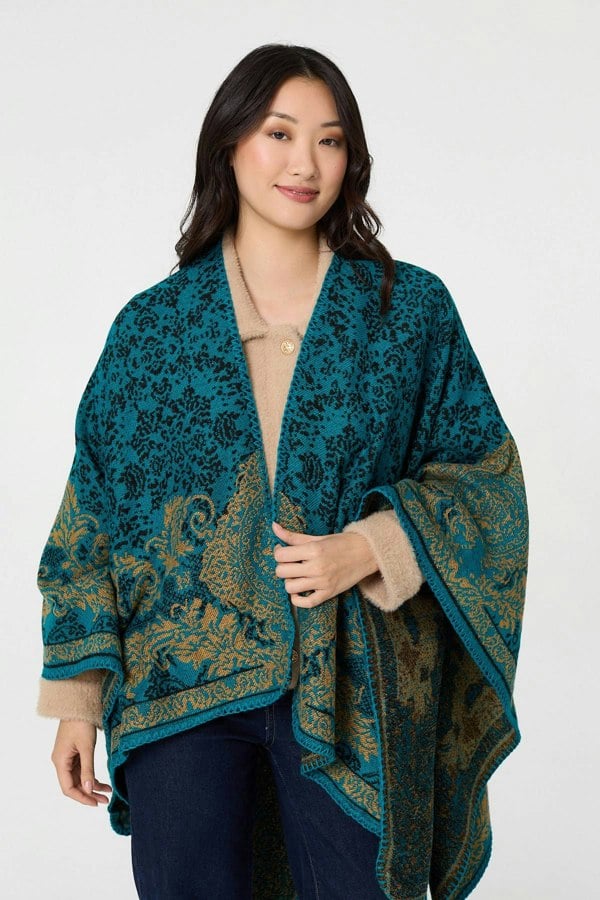 Blue | Damask Print Oversized Poncho
