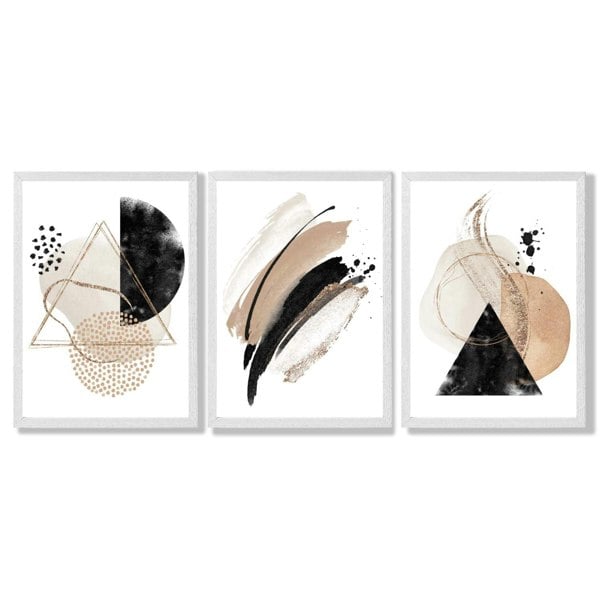 Artze Wall Art Abstract Black Beige Set of 3 Watercolour Shapes Framed Wall Art