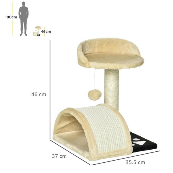 Beige cat tree tower with top perch and tunnel base, shown with height measurements