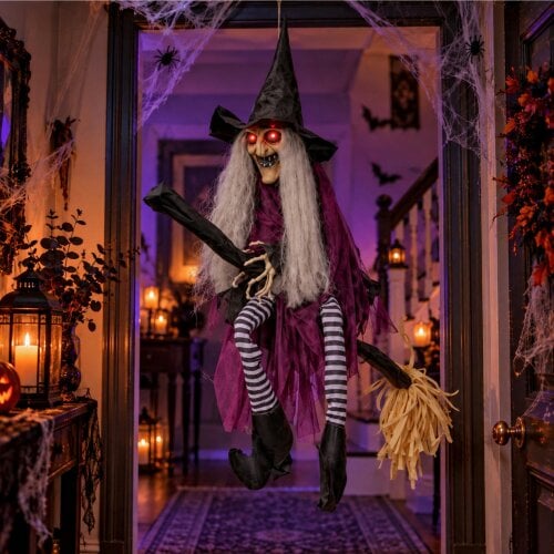 Samuel Alexander 90cm Animated Hanging Halloween Witch with Red Light Up Eyes & Sound