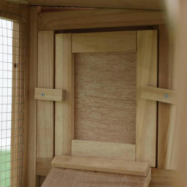 Wooden rabbit hutch interior with two doors and a small step ledge