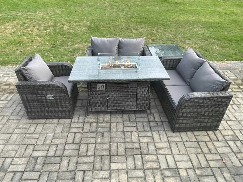 Fimous Rattan Garden Furniture Set with Gas Fire Pit Dining Table,Side Table Indoor Outdoor 5 piece Love Sofa set