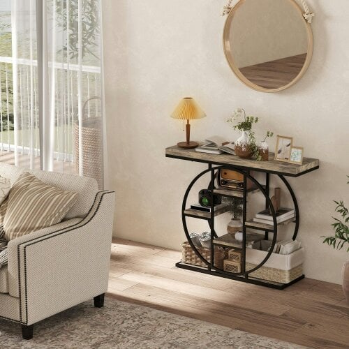 Wyld Haus Reyore Metal And Wooden Rustic Brown Industrial Console Table With OFauxn Shelving