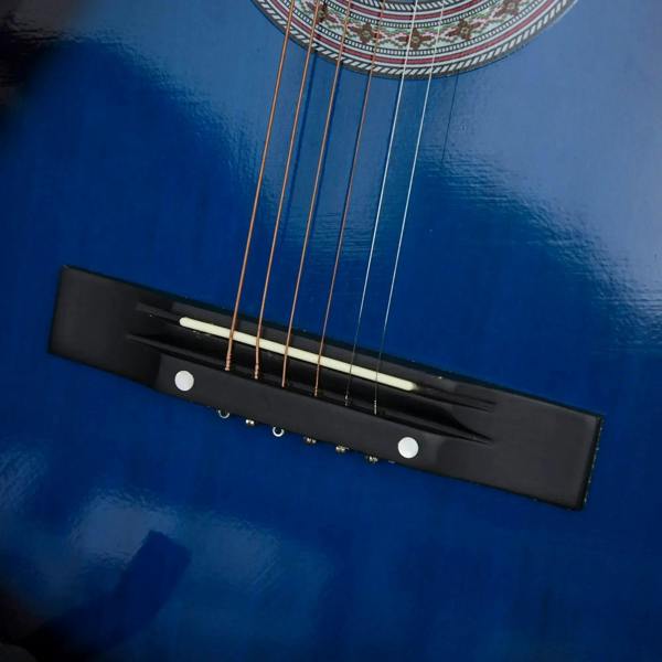 Blue glossy acoustic electric classical guitar bridge and strings close-up.
